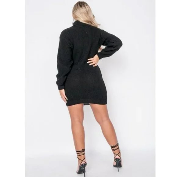 Black Knitted Long Sleeve Turtle Neck Loose Fit Mini Sweater Dress - Picture 5 of 9